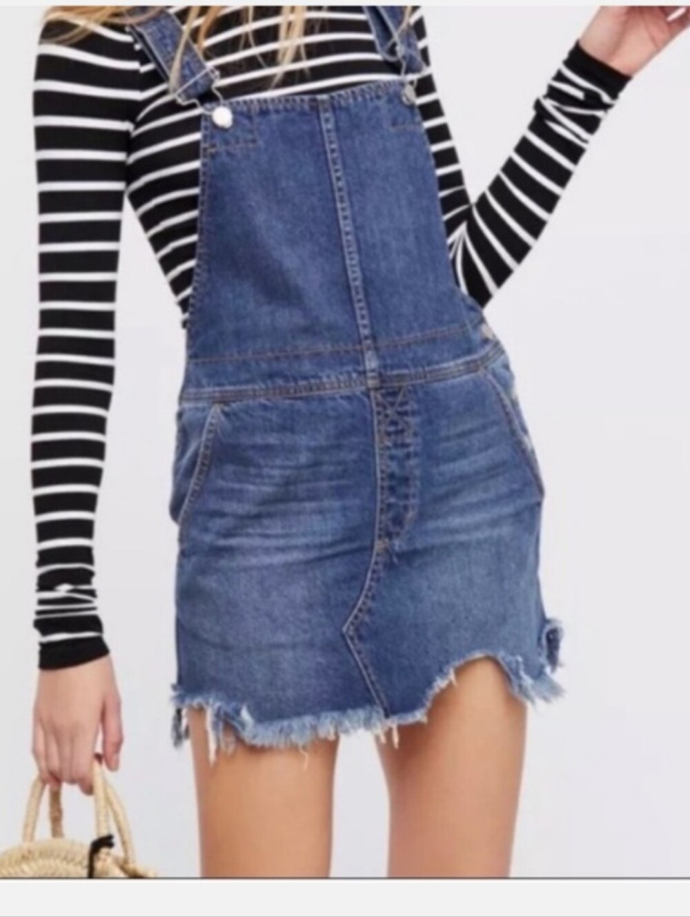 Free People Distressed Denim jean Overalls Mini Skirt size 4
